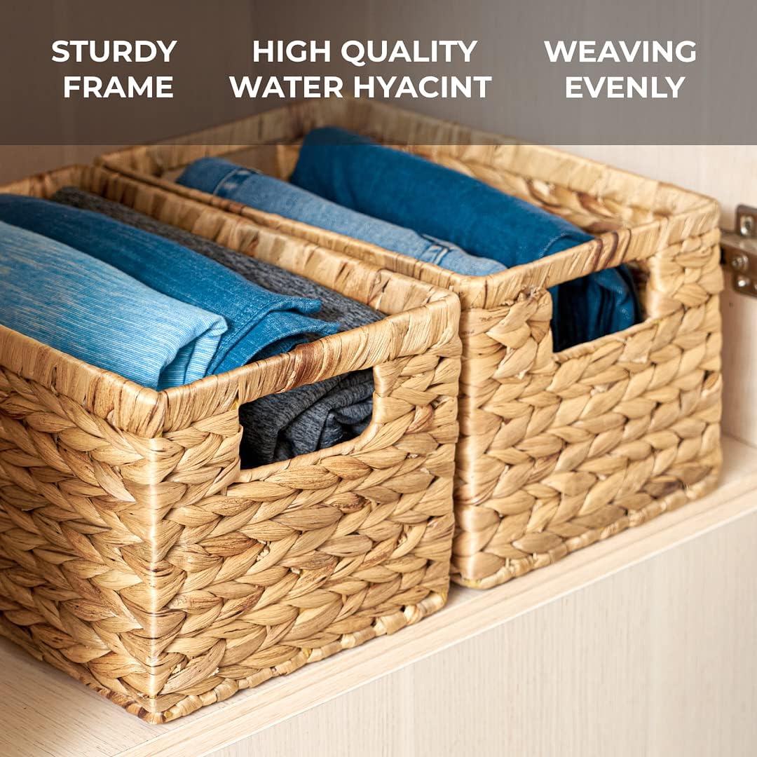 BARIEN Natural Water Hyacinth Storage Baskets, Rectangular Wicker Basket with Built-in Handles, Medium, 12.6&rdquo; x 8&rdquo; x 7&rdquo;, 2-Pack