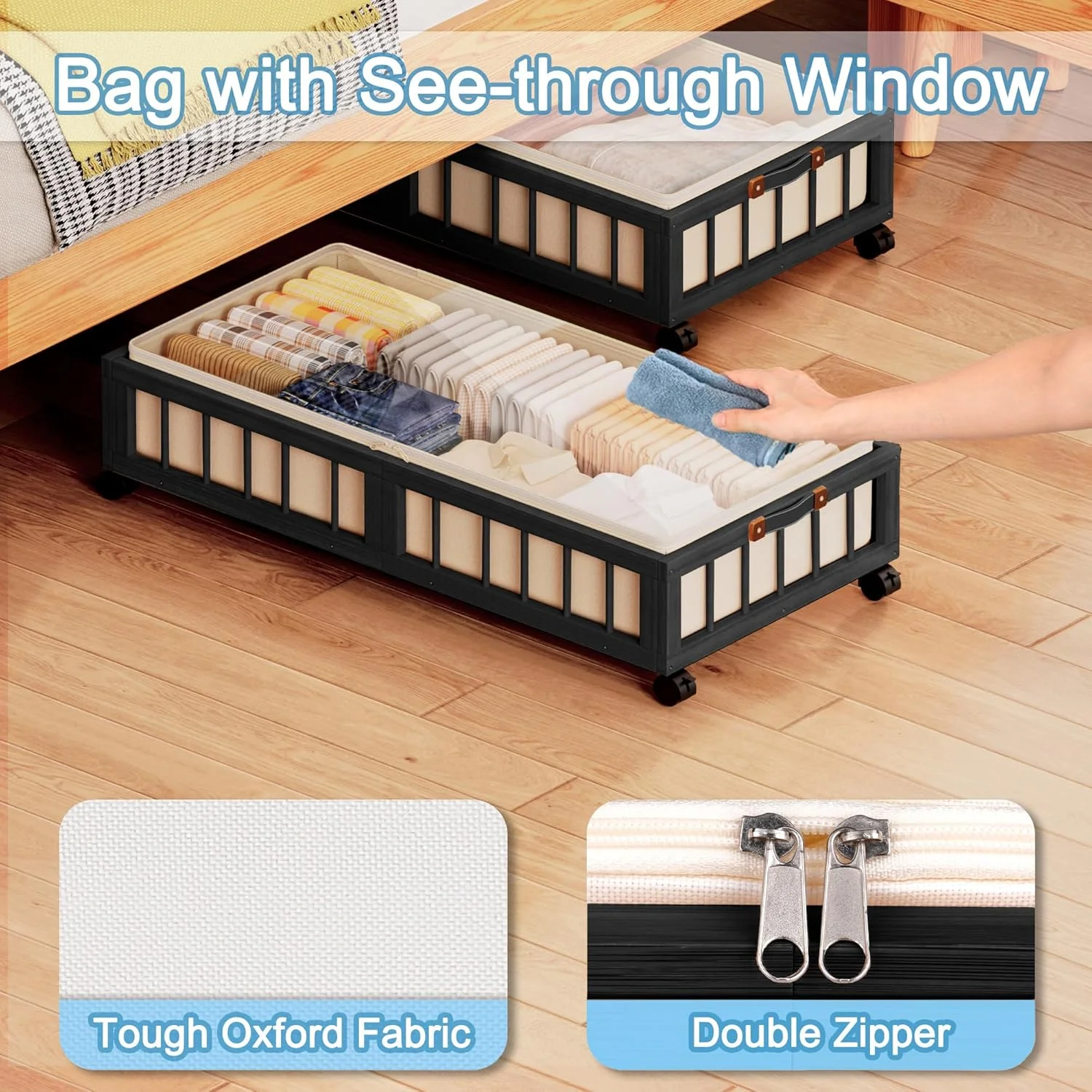 2-Pack Bamboo Under Bed Storage with Wheels, Rolling UnderBed Storage Basket with Large Dust Bag, Under Bed Storage Containers for Bedroom, Dorm and Basement, Black