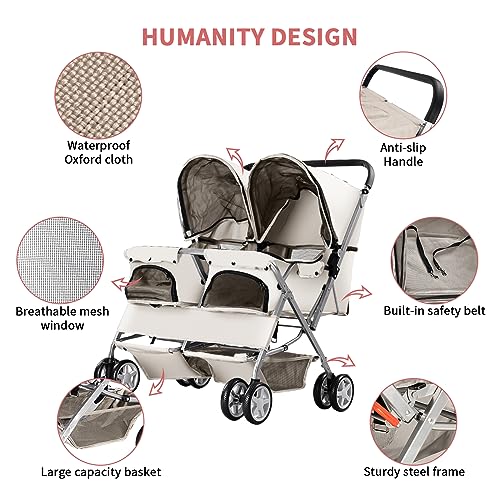 Double Pet Stroller, Foldable Stroller for 2 Dogs & Cats, Two-Seater Carrier Twin Dog Walk Jogger Travel Pet Carriage Cart with Storage, Gray