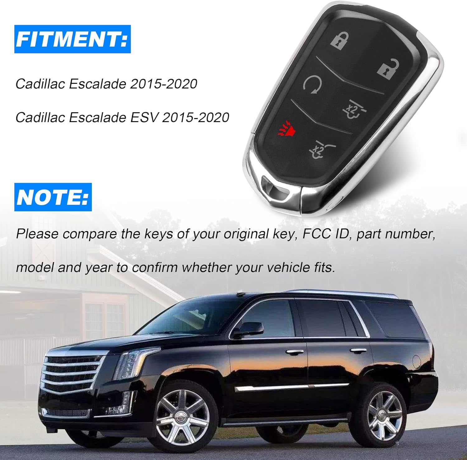 KRSCT 6-Btn Key Fob fit for Cadillac Escalade2015-2020/ Cadillac Escalade ESV 2015-2020 Remote Control Replacement Car Start Keyless Entry FCC ID: HYQ2AB (315MHZ) Pack of 2