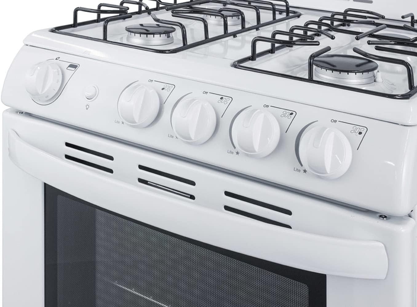 Summit RG244WS 24"" Freestanding Gas Range with 2.9 cu. ft. Oven Capacity Electronic Ignition High Backguard Broiler Drawer Continuous Grates and Safety Brake System for Oven Racks in White
