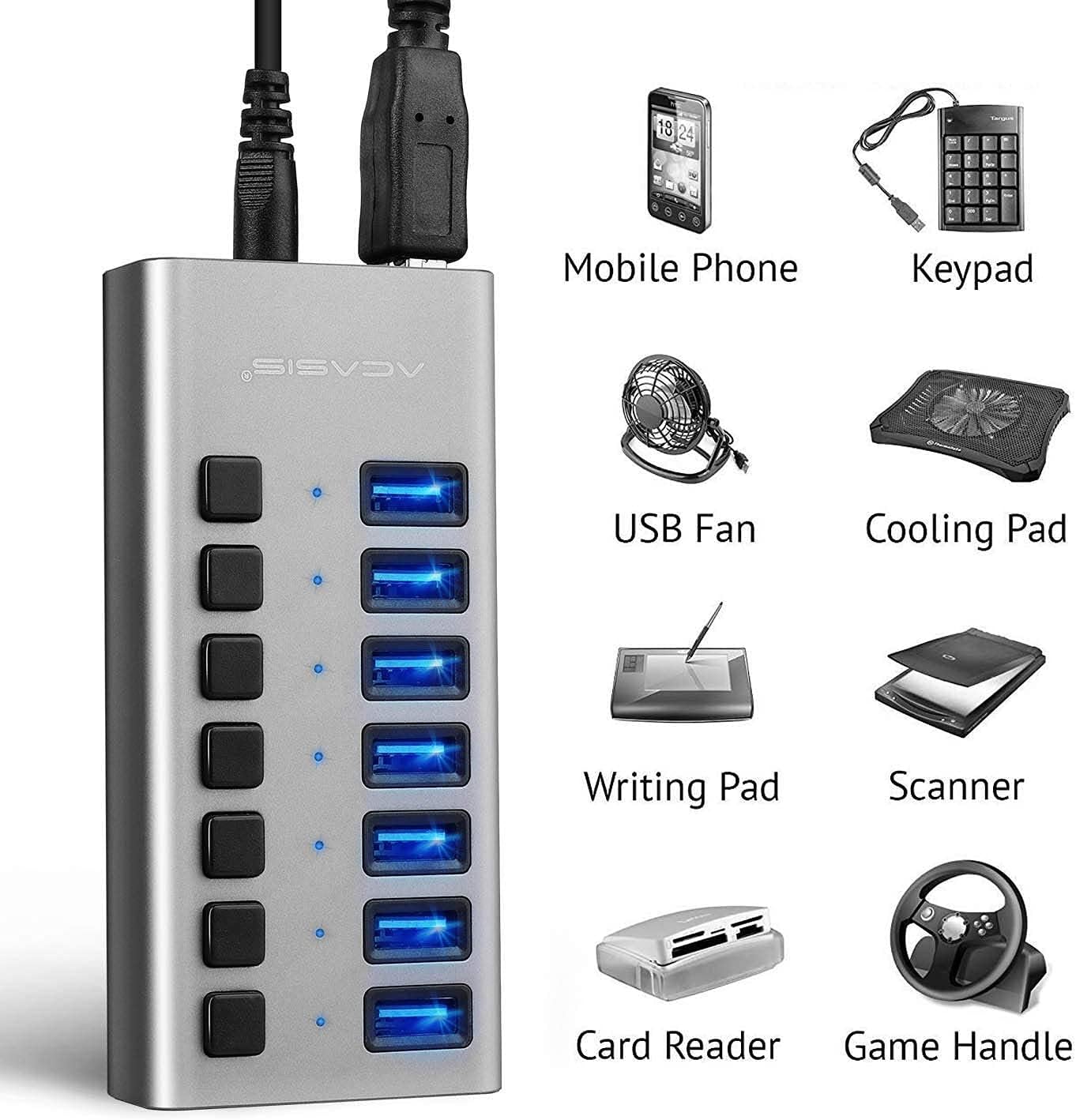 Powered USB Hub - ACASIS 10 Ports 48W USB 3.0 Data Hub - with Individual On/Off Switches and 12V/4A Power Adapter USB Hub 3.0 Splitter for Laptop, PC, Computer, Mobile HDD, Flash Drive and More