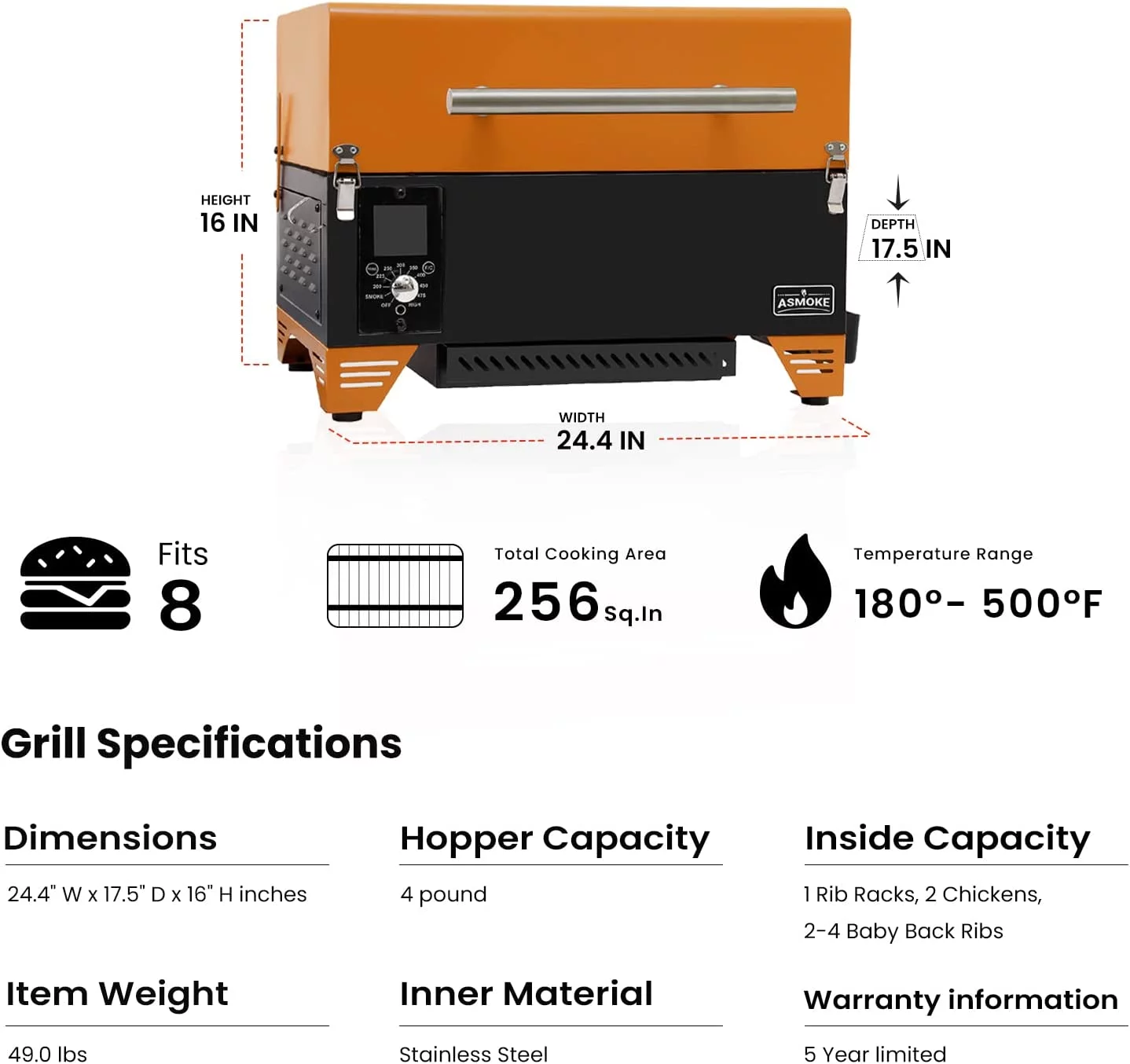 ASMOKE AS350 Portable Wood Pellet Grill & Smoker, Superheated Steam Technology, 8-In-1 Cooking Versatility, 256 Sq in Vibrant Orange
