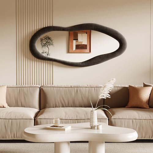 Honyee Full Length Mirror, 63" x 24" Wall Mirror, Flannel Wrapped Wooden Frame Floor Mirror, Irregular Wavy Mirror Hanging or Leaning Against Wall for Cloakroom/Bedroom/Living Room, Milk Tea