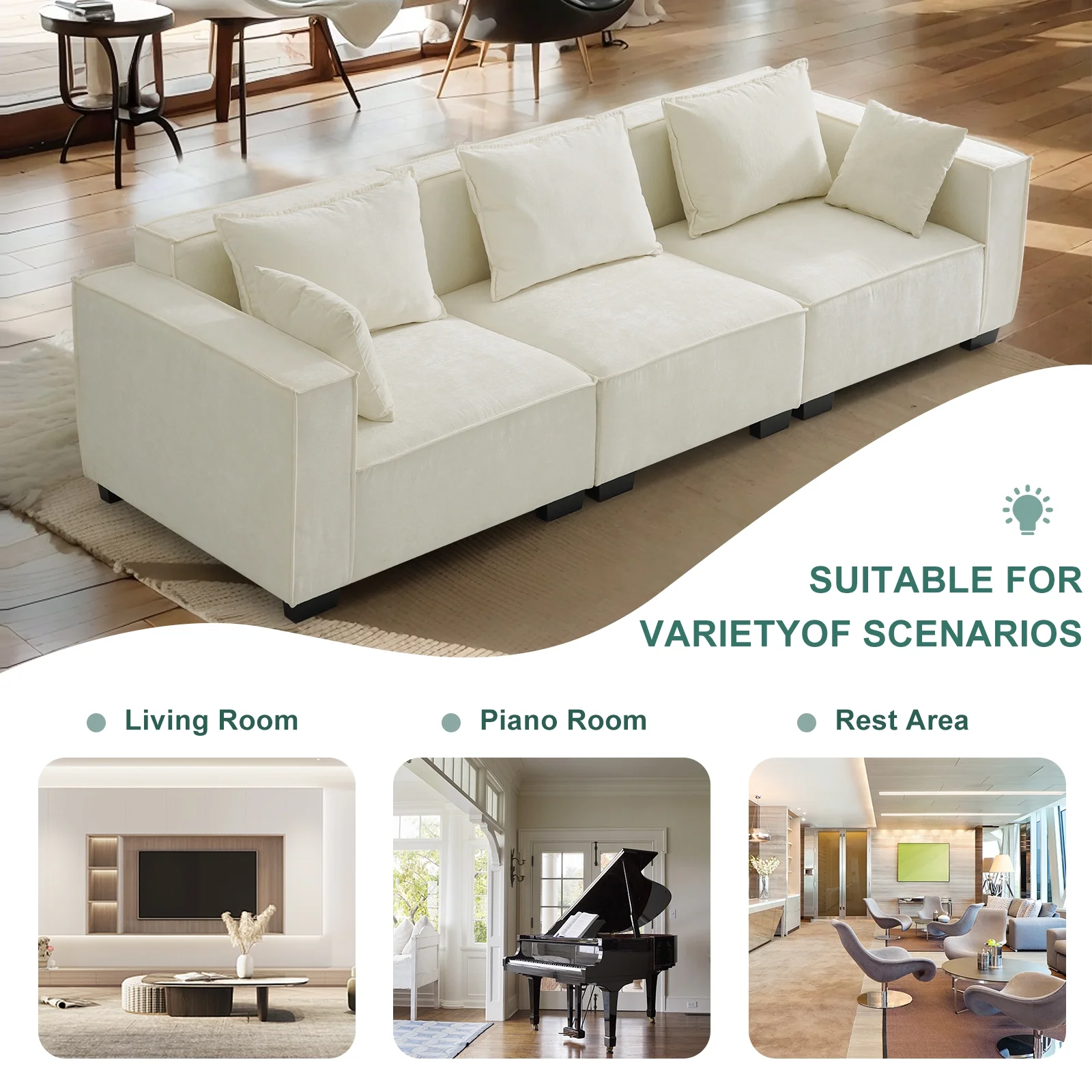 THLAND Modular Sectional Sofa with Cathole Ottoman Storage Footstool，U Shaped L Shaped Couch , 108" Width, 5 Seat for living room Apartment,Ivory