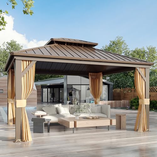YOLENY 10' x 12' Hardtop Gazebo, Wood-Looking Gazebo with Galvanized Steel Double Roof, Aluminum Frame, Permanent Metal Pavilion with Netting and Curtains for Deck, Backyard, Patio and Lawns