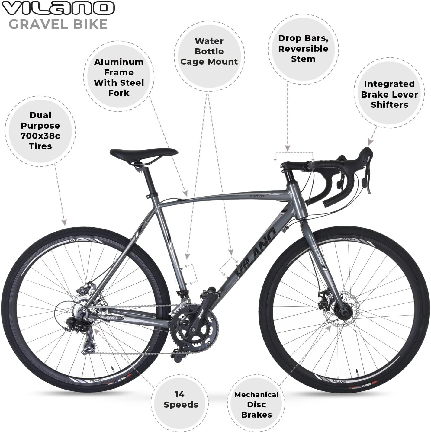 Vilano Gravel Bike with Disc Brakes, 14 Speeds, Road and Trail Bicycle Drop Bars