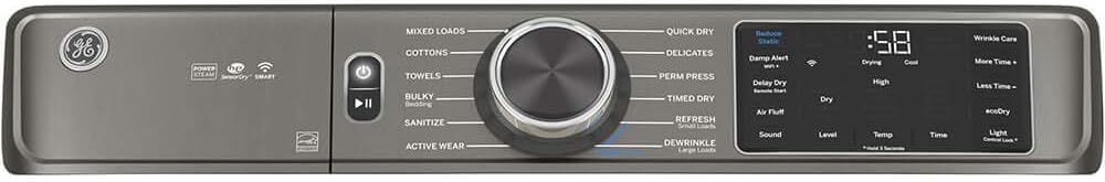 GE GFD65ESPNSN 28" Front Load Electric Dryer with 7.8 cu. ft. Capacity Powersteam Built-in WiFi Sanitize Cycle and Vent Sensor in Satin Nickel