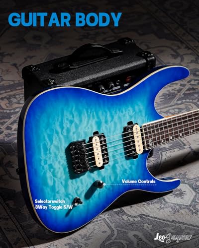 Leo Jaymz Electric Guitar Monsoon Series,Reverse Headstock,Mahogany Body,Roasted Maple Neck,Rosewood Fretboard,Locking Tuners,Rounded End Frets,AlnicoV Pickups,Fixed Bridge (Blue Flame)