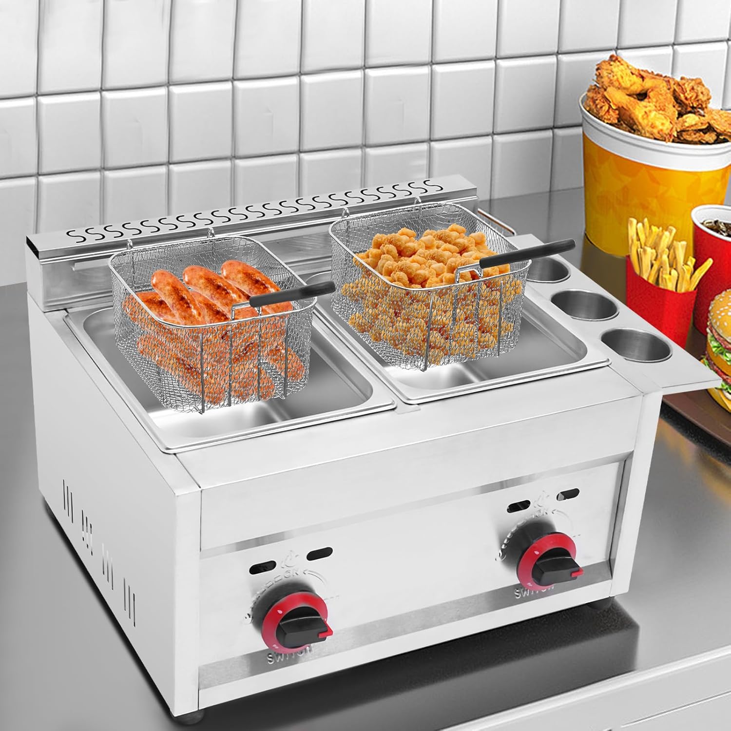 Commercial LPG Deep Fryer 2X 6L Double Basket Commercial Deep Fryer Counter Top Gas Fryer Stainless Steel for French Fries, Chicken, Donuts, Wings 5.3QT*2 Heating Power: 18000Btu/hr