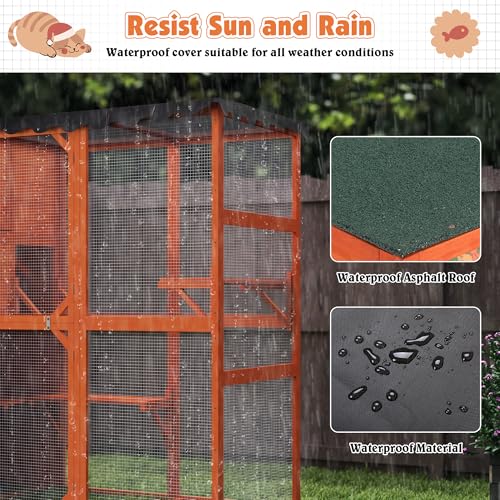 COZIWOW Large Wood Cat Catio, Outdoor Enclosure with Weatherproof Roof, 2 Resting Rooms, 2 Platforms, 4-Tier Cat Playpen, Orange