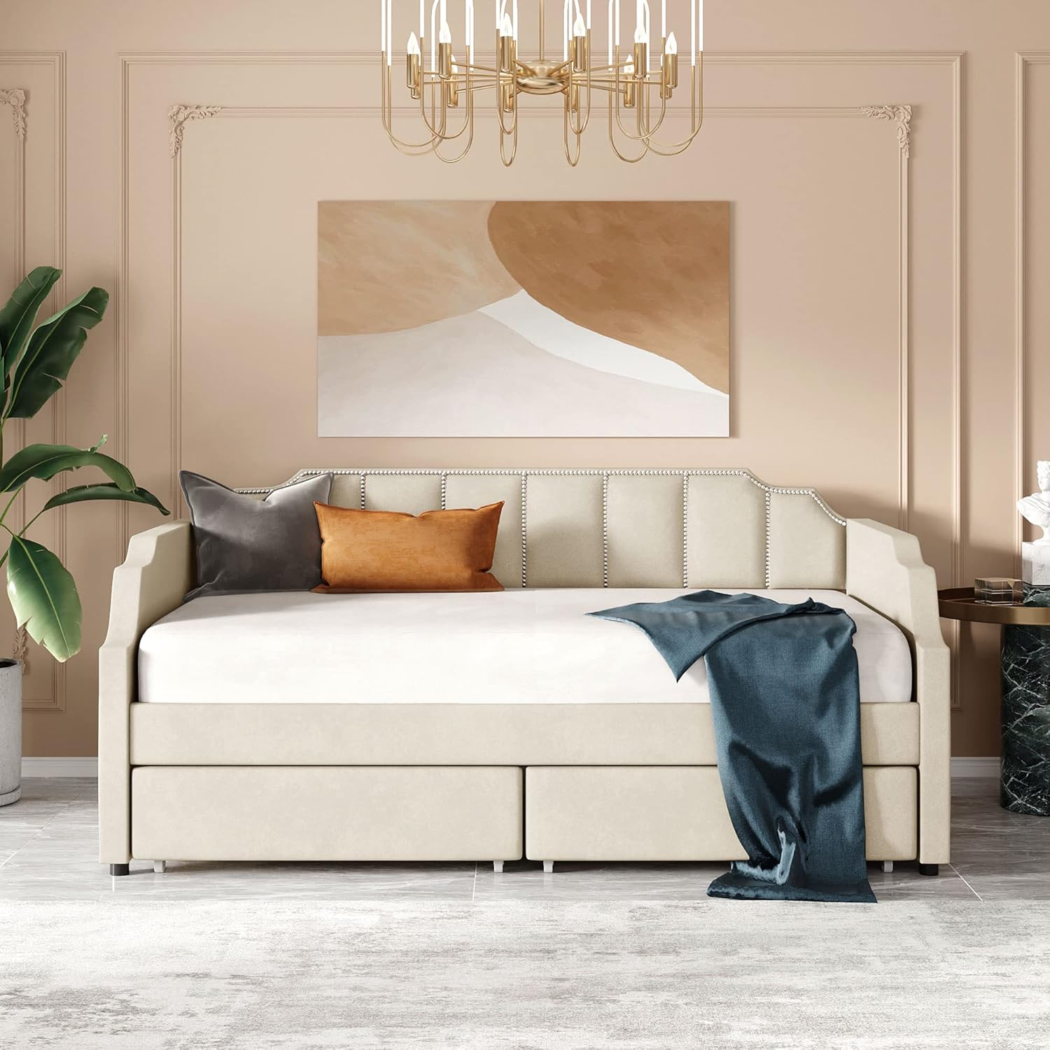 Twin Size Daybed with 2 Large Drawers, Wooden Daybed with X-Shaped Frame, Modern and Rustic Casual Style Daybed (White)