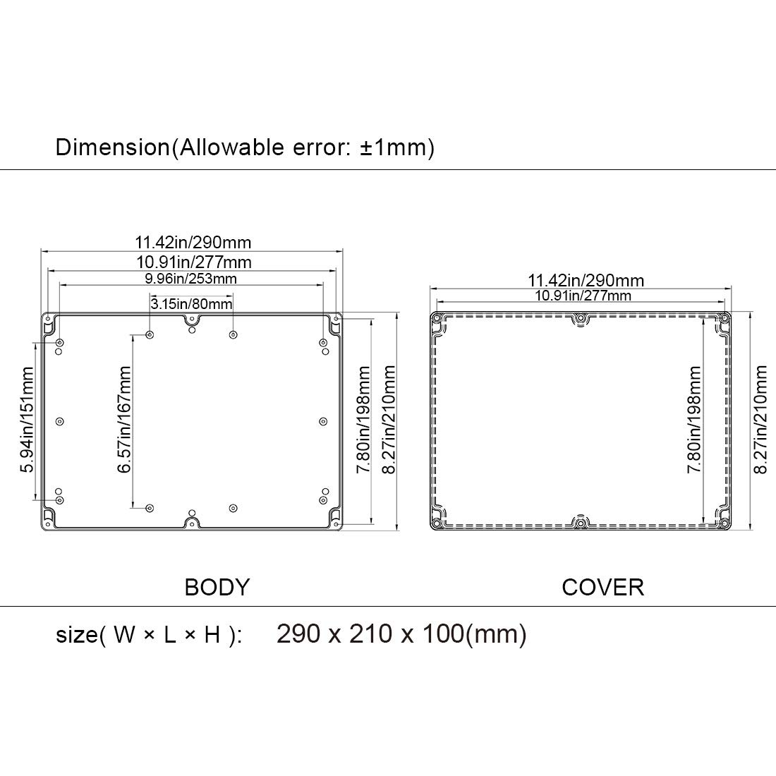 LeMotech ABS Plastic Electrical Project Case Power Junction Box, Project Box Black 10.4" x 7.2" x 3.7" (263 x 182 x 95 mm)(Pack of 1)
