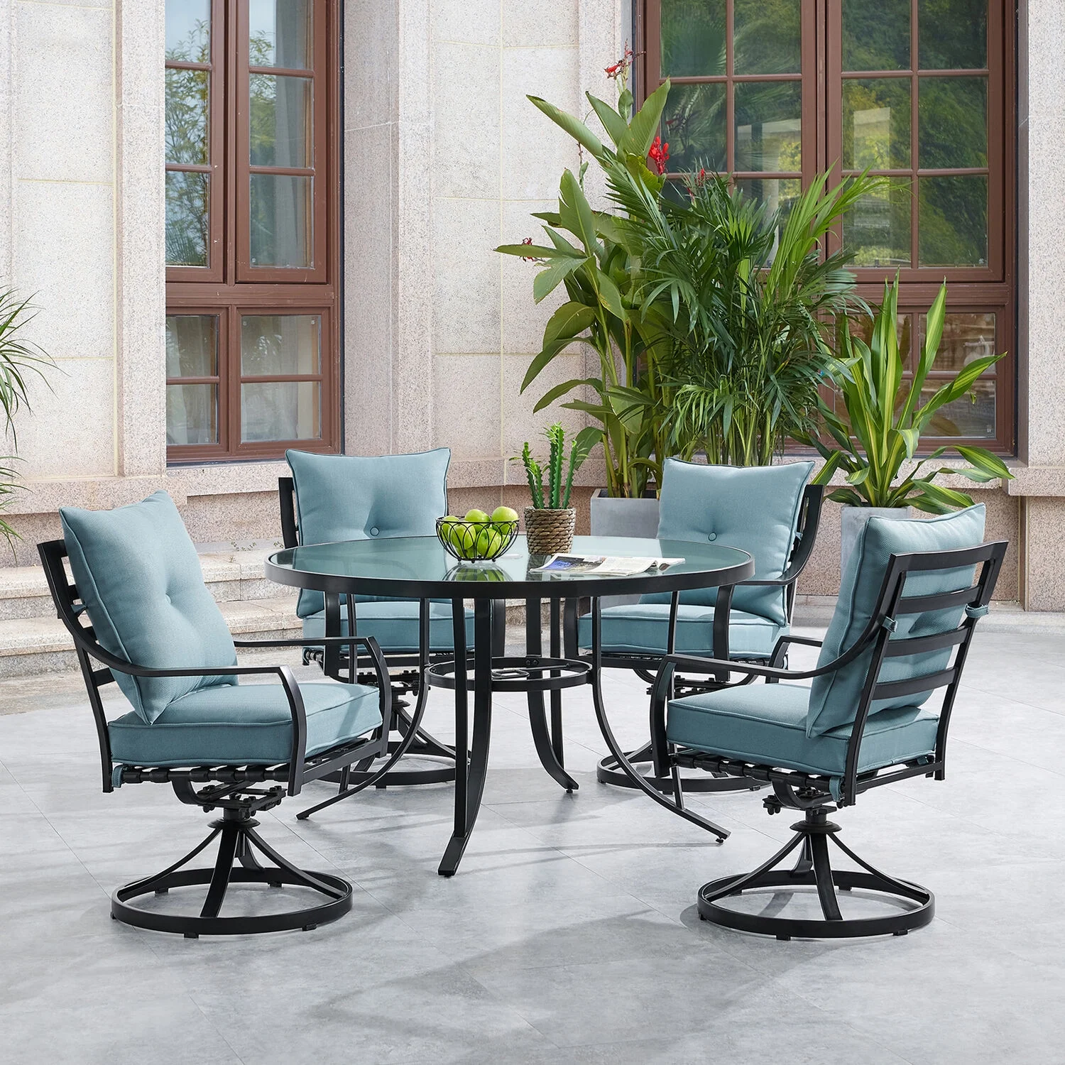 Hanover Lavallette 5-Piece Modern Outdoor Dining Set | 4 UV Protected Cushioned Swivel Rocker Chairs | 42'' Square Glass-Top Table | Weather Resistant Frame | Silver | LAVDN5PCSW-SLV