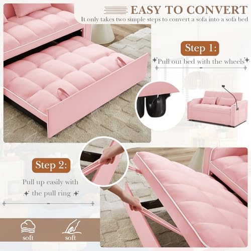 Convertible Sleeper Sofa Bed, 3 in 1 Velvet Pull Out Loveseat Couch Modern Comfy Futon Sofa with Adjustable Backrest & Phone Holder & USB Charging Space Saving for Living Room, Small Apartment, Grey