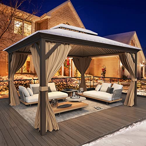 YOLENY 10' x 12' Hardtop Gazebo, Wood-Looking Gazebo with Galvanized Steel Double Roof, Aluminum Frame, Permanent Metal Pavilion with Netting and Curtains for Deck, Backyard, Patio and Lawns