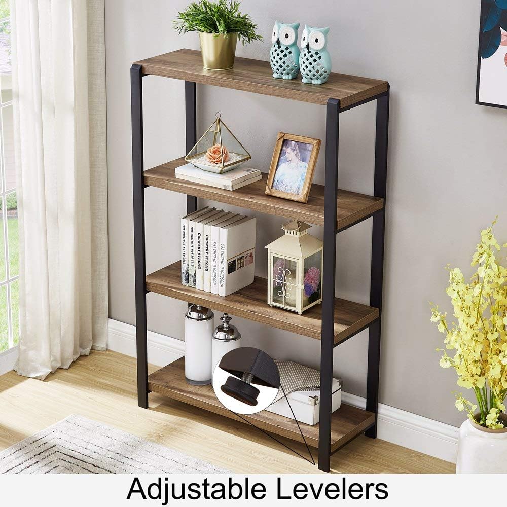 FOLUBAN 4 Tier Industrial Bookshelf, Rustic Vintage Etagere Bookcase for Living Room, Metal and Wood Book Shelf, Easy Assembly, Oak