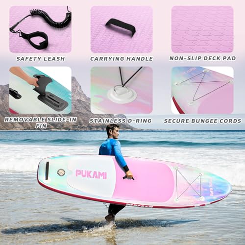 PUKAMI Inflatable Paddle Board for Adults,10.6' Stand Up Paddle Board with Premium SUP Accessories & Carry Bag,Paddle,Pump,Leash,Wide Stable Design,Non-Slip Deck,Surf Control for Youth