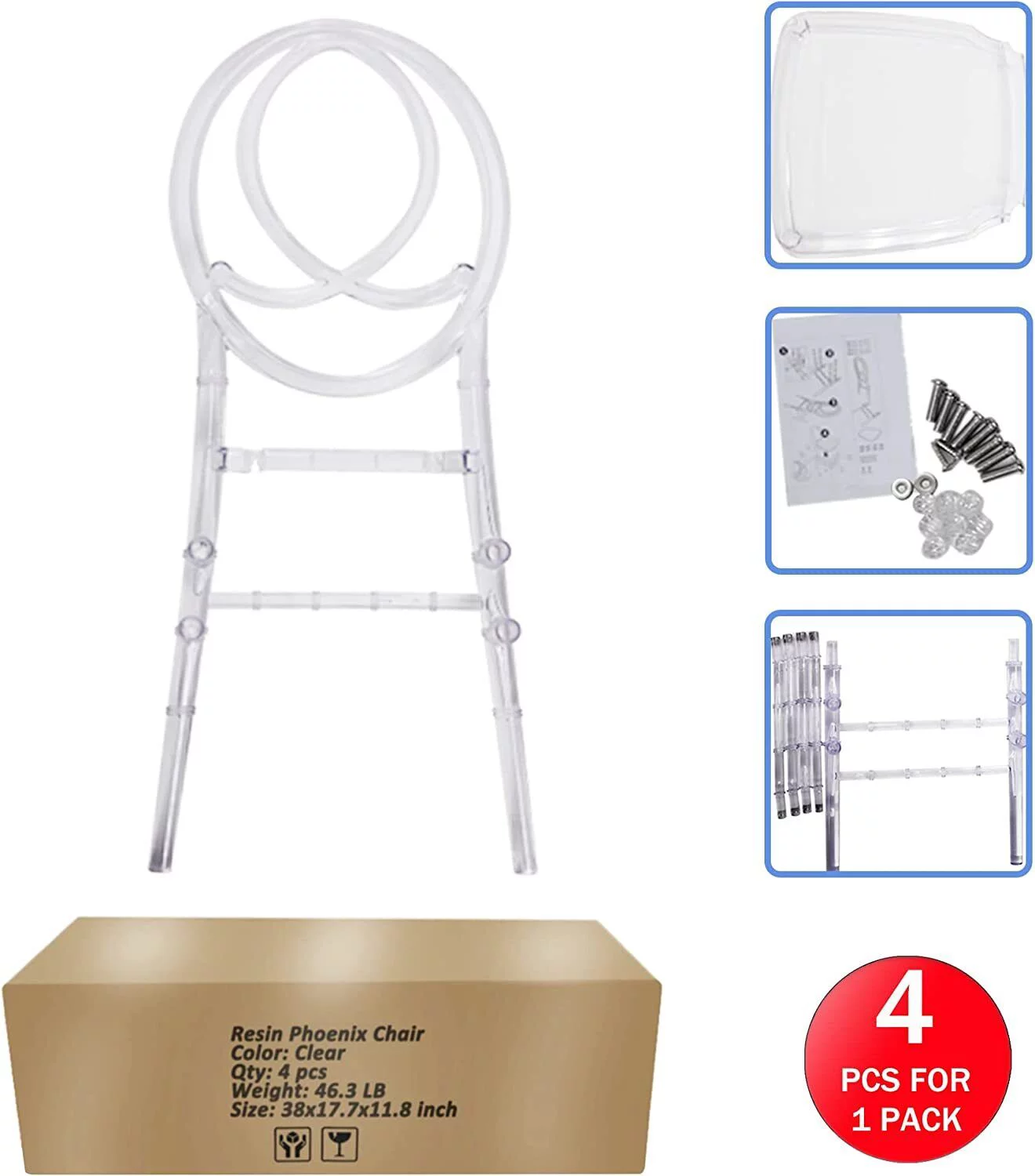 FOH Upgraded 4Pcs Cross Back Stacking In Clear Crystal Chiavari Ghost Chairs, Stackable Transparent Elegant Party Event Wedding Chairs, Reception Dining Side Clear Chairs