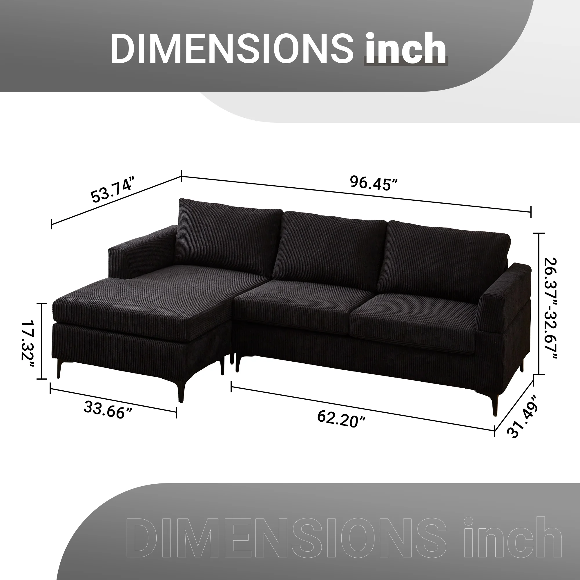HOOOWOOO 96" 3-Seat Sectional Sofa Couch with Chaise for Living Room Office,Small L-Shape Corduroy Sofas Modern Convertible Sofa Couch-Black