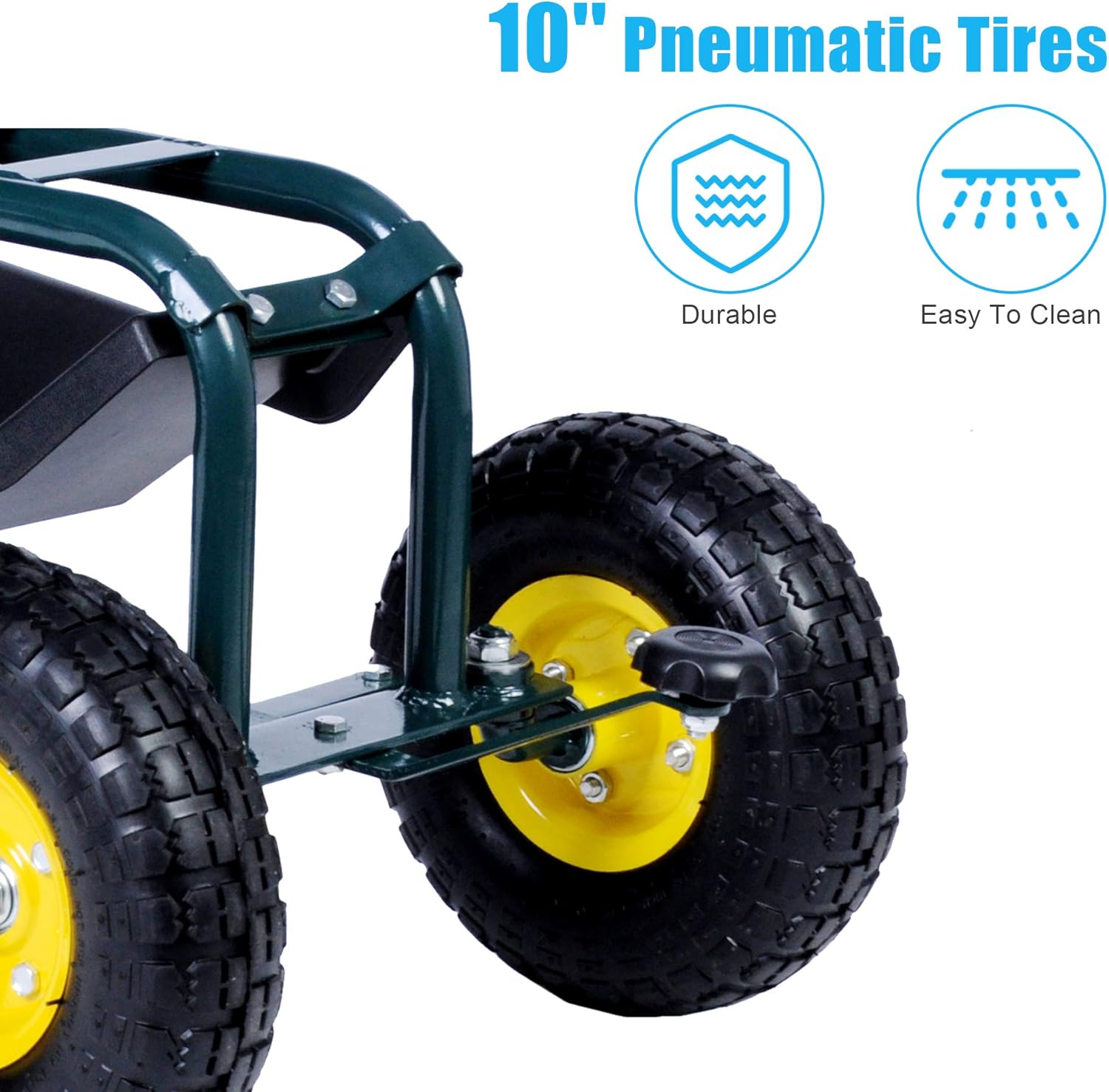 Dporticus Rolling Garden Steerable Tool Cart Scooter with Extendable Steer Handle,360 Swivel Seat and Tool Storage Basket, Green