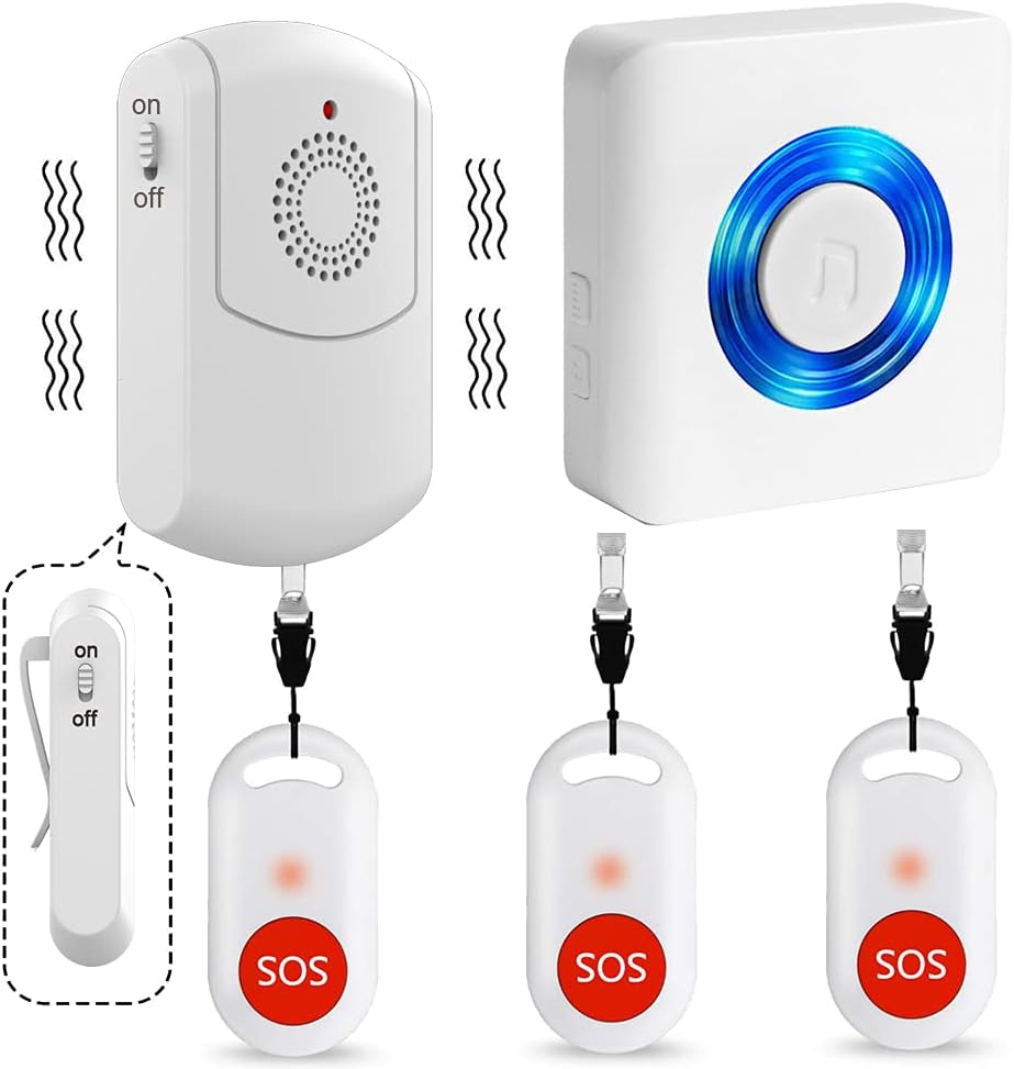 Caregiver Pager Wireless Motion Sensor Alert Room Bed Alarm and Fall Prevention for Elderly Dementia Patients (3Receivers+2Sensor)
