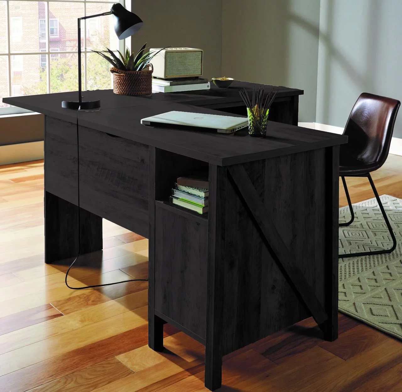 Better Homes & Gardens Modern Farmhouse L-Desk, Black Finish