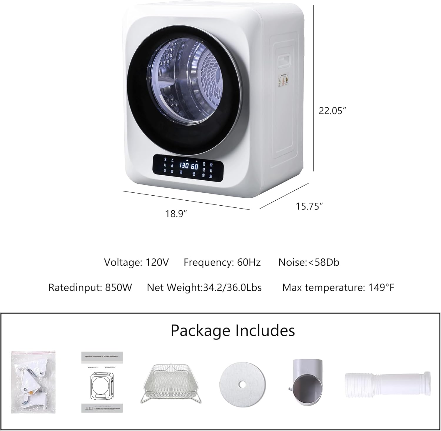 Portable Clothes Dryer, 120 V/850W Electric RV Dryer Smart Moisture Sensor, LCD Control Panel Heating Tumble Clothes Dryer Machine with Stainless Steel Drum for Apartment, Dorm and Home (Square-White)