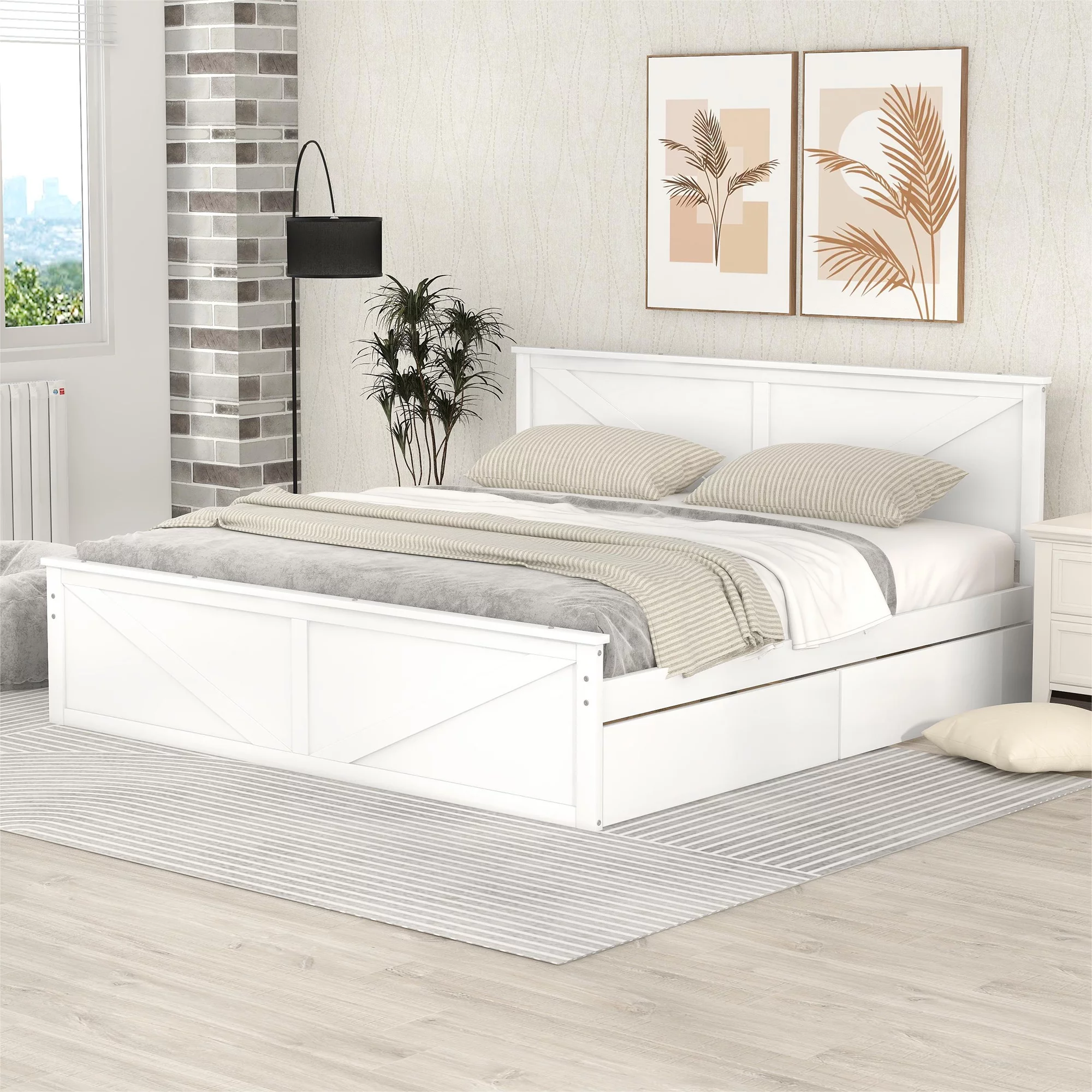 iRerts King Bed Frame with Headboard, Solid Wood King Platform Bed Frame with Storage Drawers, Slats Support and Support Legs, Modern King Size Bed Frame No Box Spring Needed for Bedroom, White