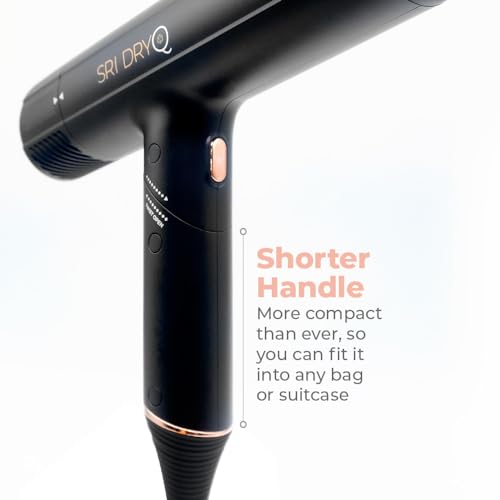 DryQ Smart Hair Dryer from SRI | Infrared and Ionic Technology - Lightweight + Foldable - Powerful + Quiet - 3 Magnetic Attachments - Heat Control with Locking Switch