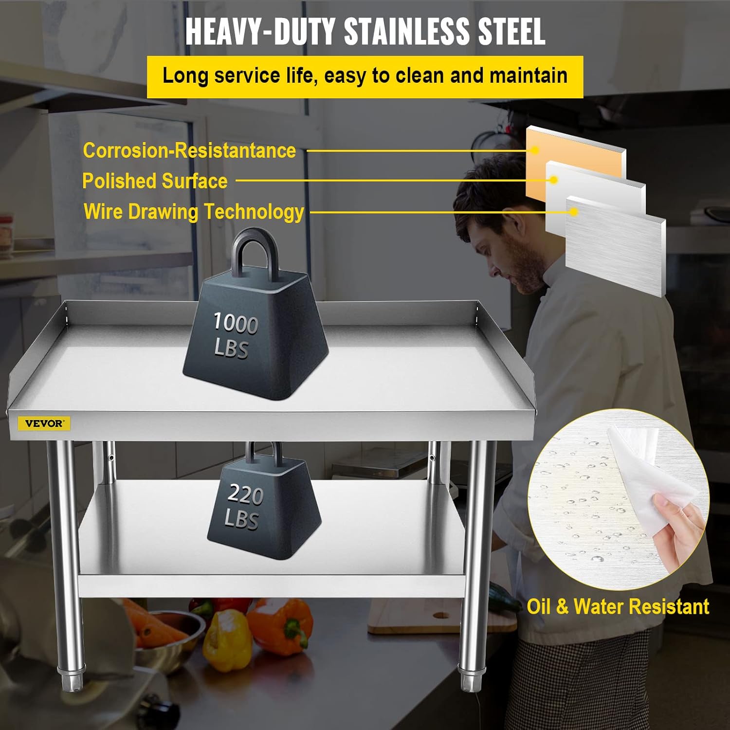 VEVOR Stainless Steel Equipment Grill Stand, 36 x 28 x 24 Inches Stainless Table, Grill Stand Table with Adjustable Storage Undershelf, Equipment Stand Grill Table for Hotel, Home, Restaurant Kitchen