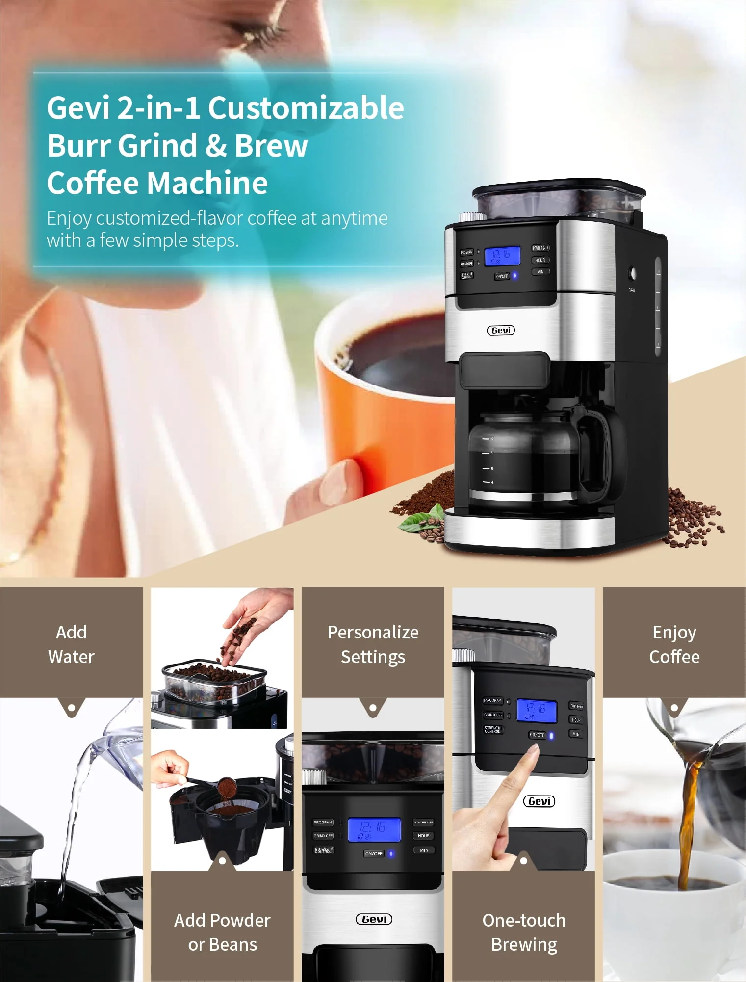 GEVI 10-Cup Programmable Grind and Brew Coffee Maker, Drip Coffee Make, Automatic Coffee Machine with Built-In Burr Coffee Grinder