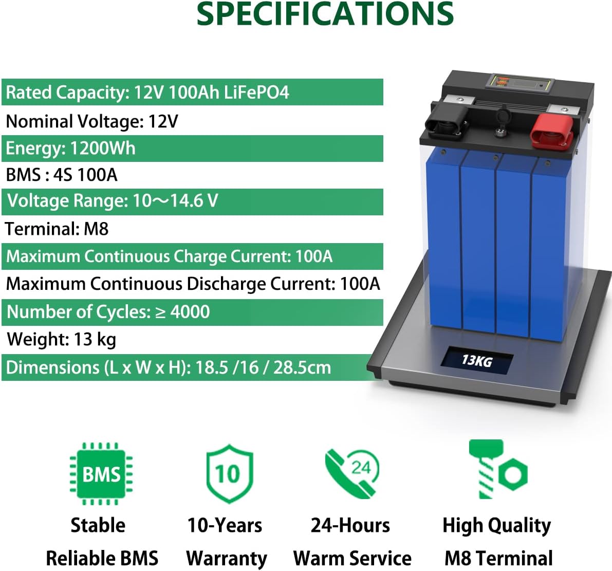 12V 100Ah LiFePO4 Battery Built-in 100A BMS Deep Cycle Lithium Battery for Marine, RV, Backup Power, Home Energy Storage, Outdoor Camping Power Support