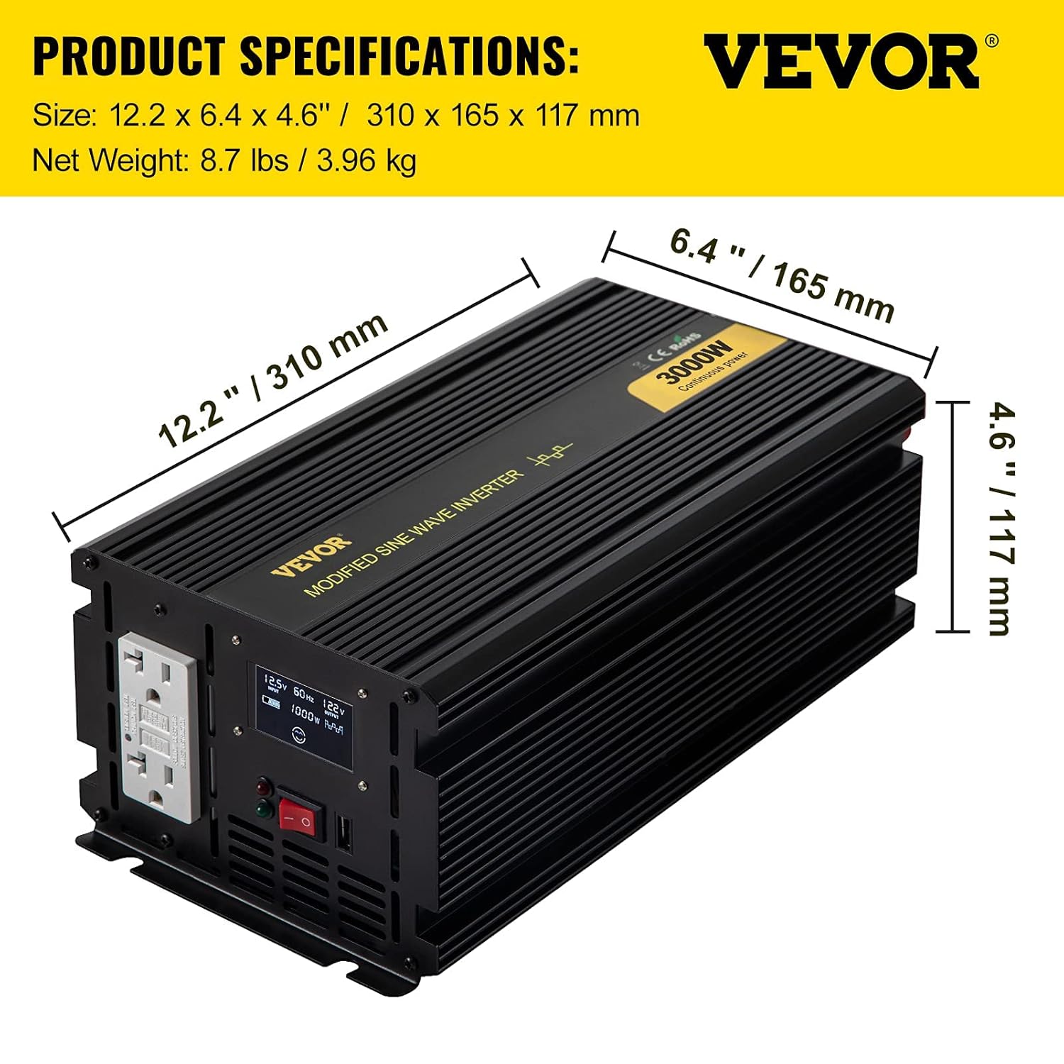 VEVOR Power Inverter, 3000W Modified Sine Wave Inverter, DC 12V to AC 120V Car Converter, with LCD Display, Remote Controller, LED Indicator, GFCI Outlets Inverter for Truck RV Car Boat Travel Camping