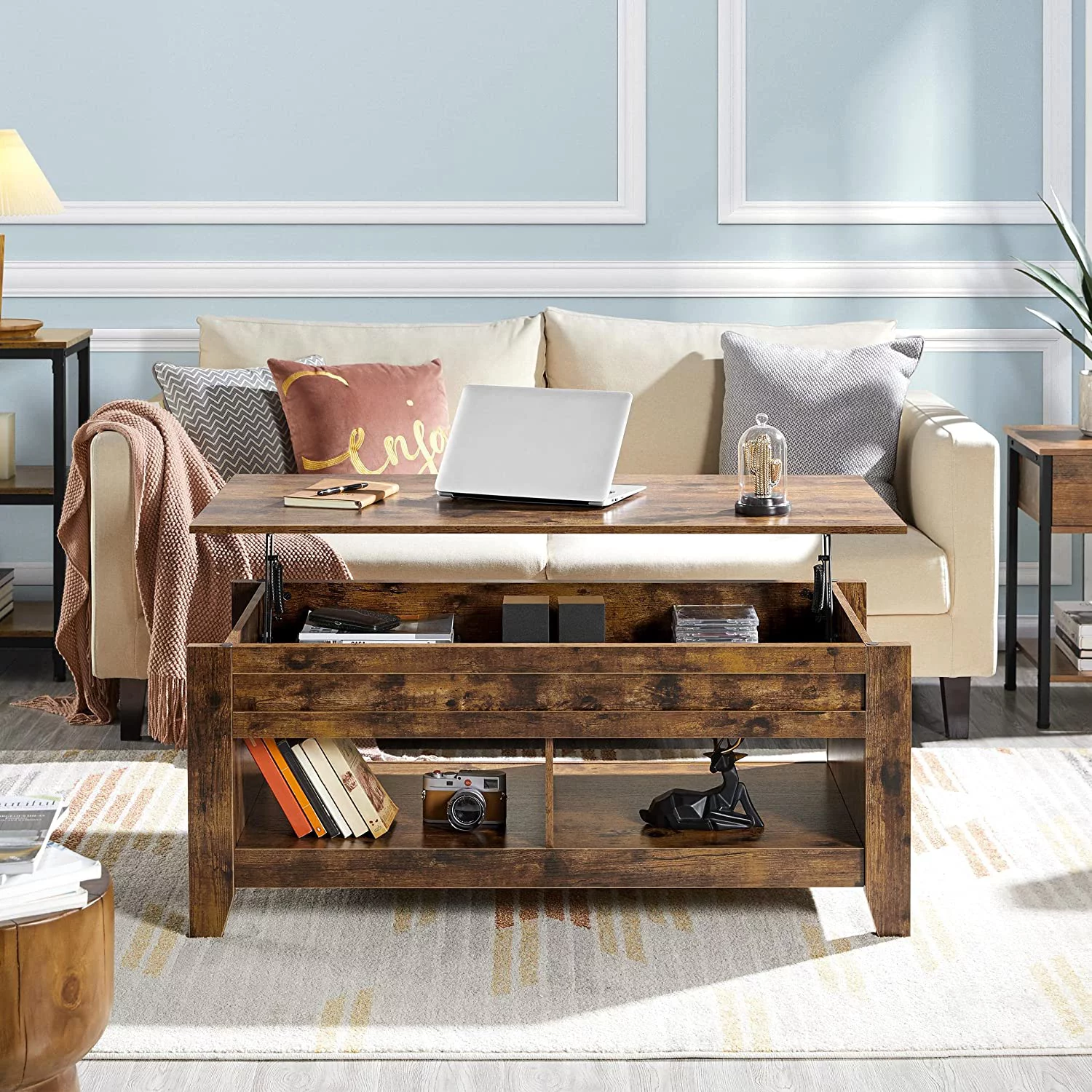 Coffee Table, 47.5in Lift Top Coffee Table, Wooden Lifting Dining Center Table with Hidden Storage Compartment & 2 Open Shelves for Living Room, Rustic Brown - Curated Treasures Market