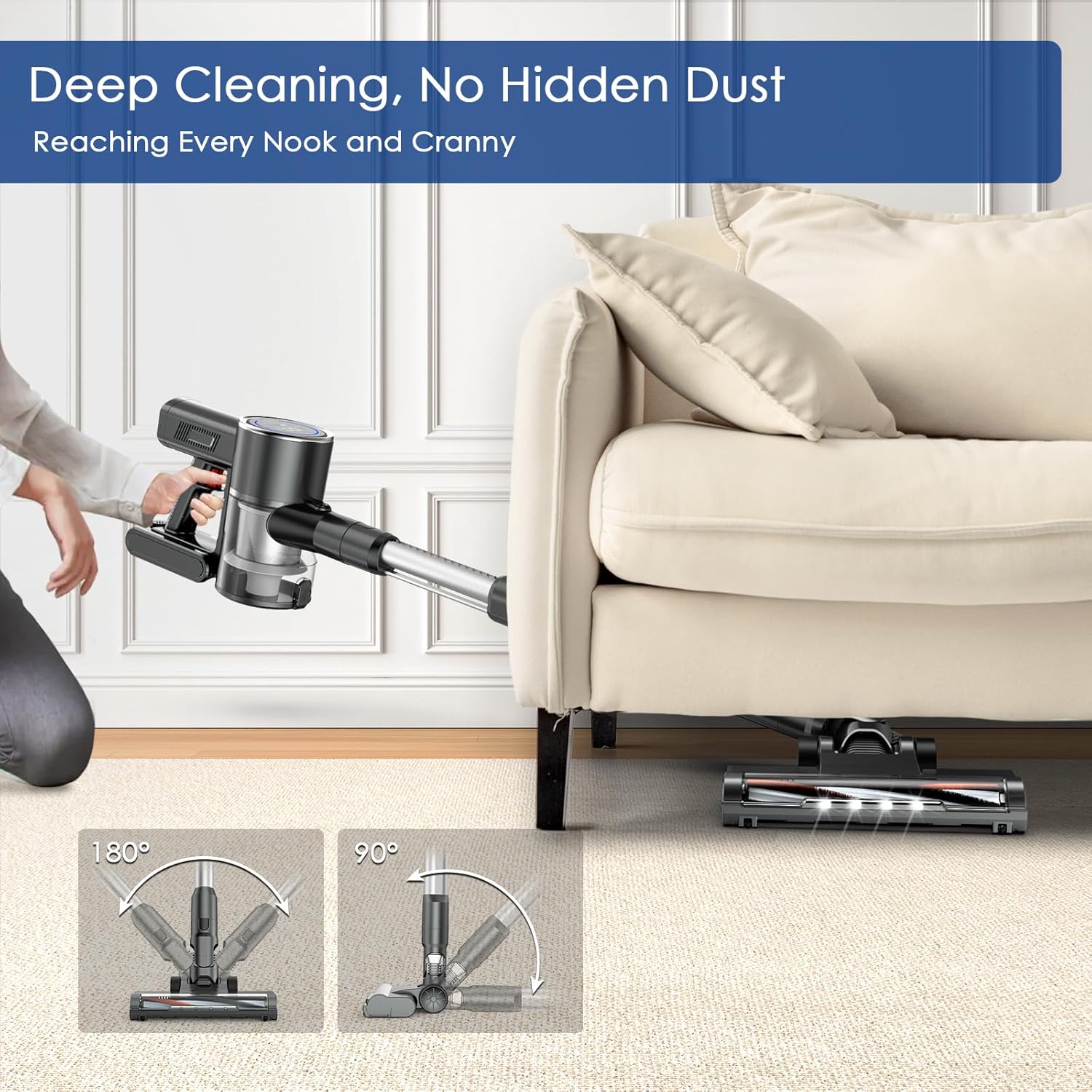 Cordless Vacuum Cleaner with 2 Batteries, 450W 33Kpa Stick Vacuum Up to 100min Runtime, Lightweight Cordless Vacuum with LED Display Brushless Motor for Pet Hair Carpet Hard Floor (Grey)