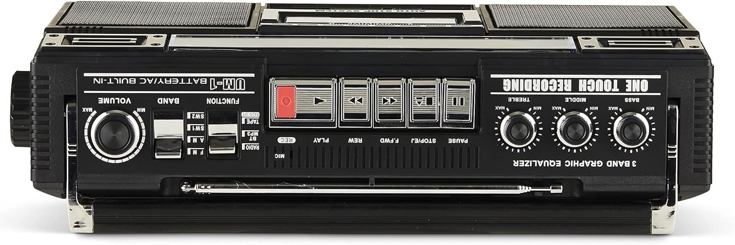 QFX J-220BT ReRun X Cassette Player/Recorder Boombox 4-Band (AM, FM, SW1, SW2) Bluetooth Portable Recording Boombox with Dual 3” Speakers, Built-in Microphone, 3-Band Equalizer Pack of 2