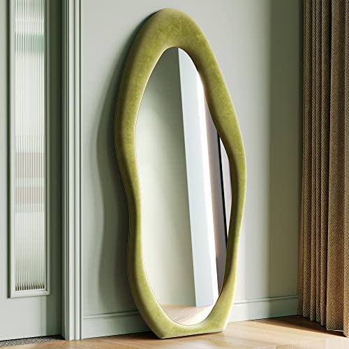 Honyee Full Length Mirror, 63" x 24" Wall Mirror, Flannel Wrapped Wooden Frame Floor Mirror, Irregular Wavy Mirror Hanging or Leaning Against Wall for Cloakroom/Bedroom/Living Room, Milk Tea