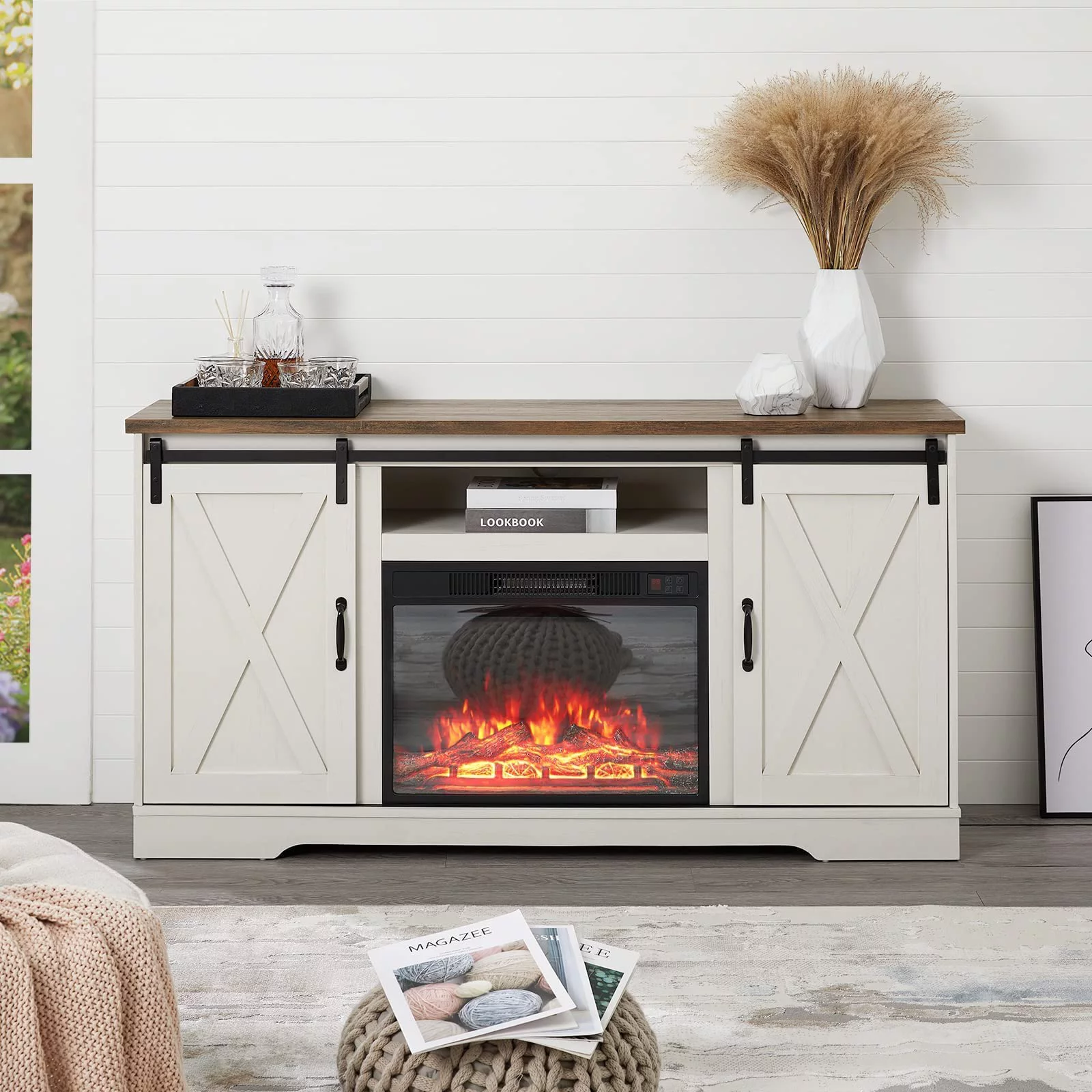 Amerlife Fireplace TV Stand Sliding Barn Door Wood Entertainment Center with a 23'' Electric Fireplace Insert, Modern Farmhouse Storage Cabinet Console for TVs Up to 65", Distressed White & Barnwood
