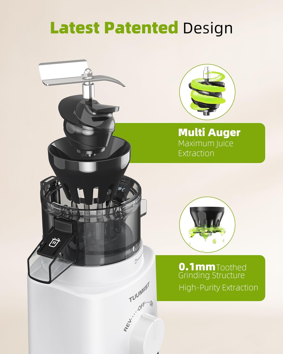 Juicer Machines, TUUMIIST Cold Press Juicer with 4.25'' Large Feed Chute Fit Whole Vegetable And Fruit, Masticating Juicer Easy To Clean, BPA Free(White)