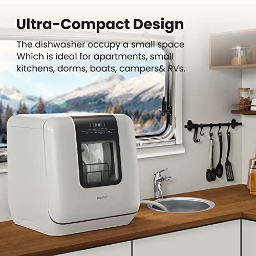COMFEE' Portable Mini Dishwasher Countertop with 5L Built-in Water Tank for Apartments& RVs, No Hookup Needed, 6 Programs, 360° Dual Spray, 162℉ High-Temp& Air-Dry Function