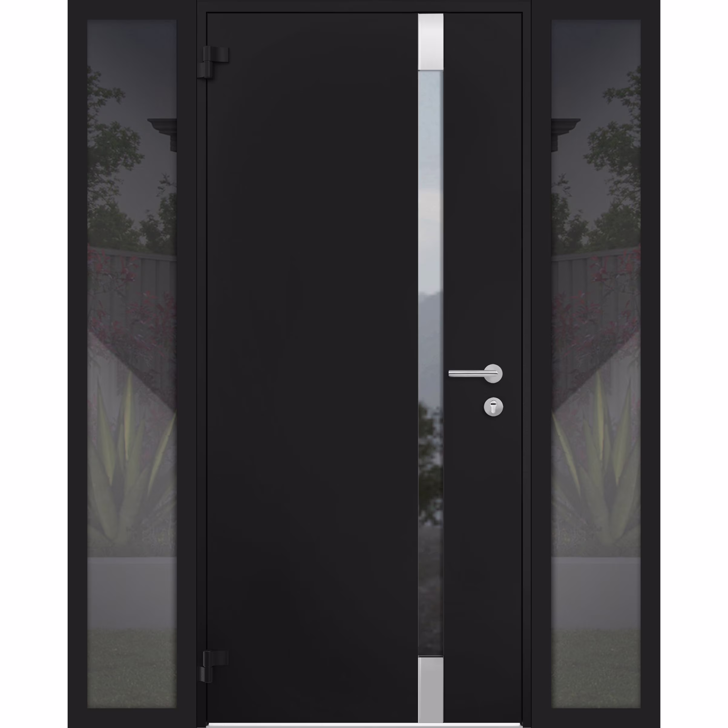 Front Exterior Prehung Steel Door / Cynex 6777 Black / 2 Side Exterior Windows / Stainless Inserts Single Modern Painted-W16+36+16" x H80"-Right-hand Inswing