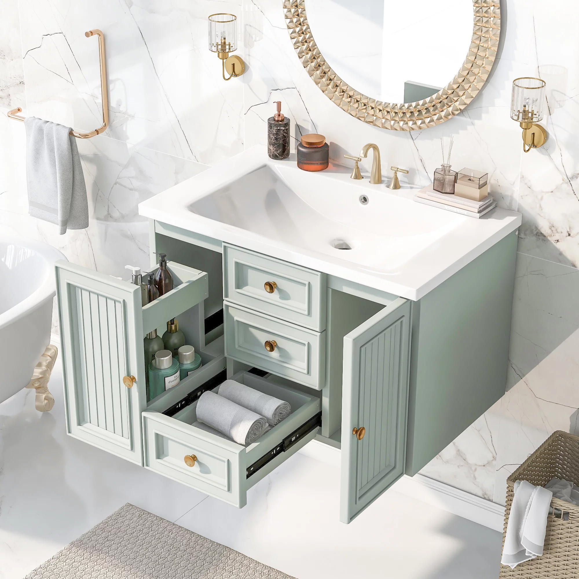 Churanty 30" Wall Mounted Bathroom Vanity with Sink, Vanity Cabinet with Functional Storage Drawer, Solid Wood & MDF Board, Green