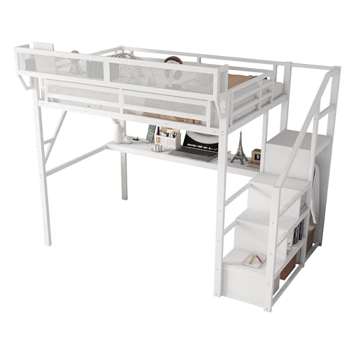 Full Size Loft Bed with Stairs and Storage, Metal Loft Bed Frame with Bedside Shelf and Large Under-Bed Space, Heavy-Duty Bed for Adults Teens and Kids, Black