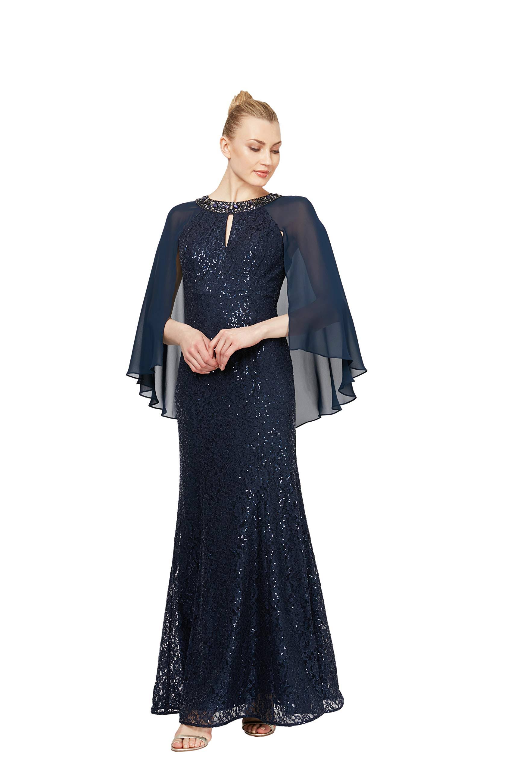 SL Fashions Sequined Cape Gown - 8 / Navy