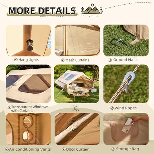 YOLENY Extra Large Inflatable Camping Tent, Glamping Tents Easy Setup 4 Season Windproof Outdoor Cotton Tent with Stove Jack & Mesh Windows & Pump