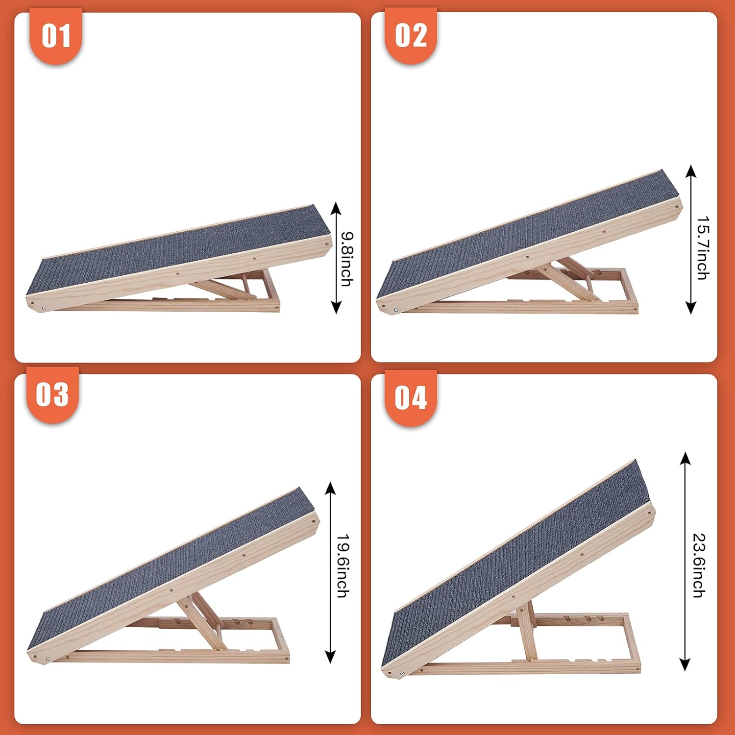 NEWISH Wooden Adjustable Pet Ramp - Bed Ramp for Dogs and Cat - Foldable Portable Dog Ramp - Non-Slip Pet Ramp with Traction Pad, Great for Older Animals - 40 Long and Adjustable from 9 to 24