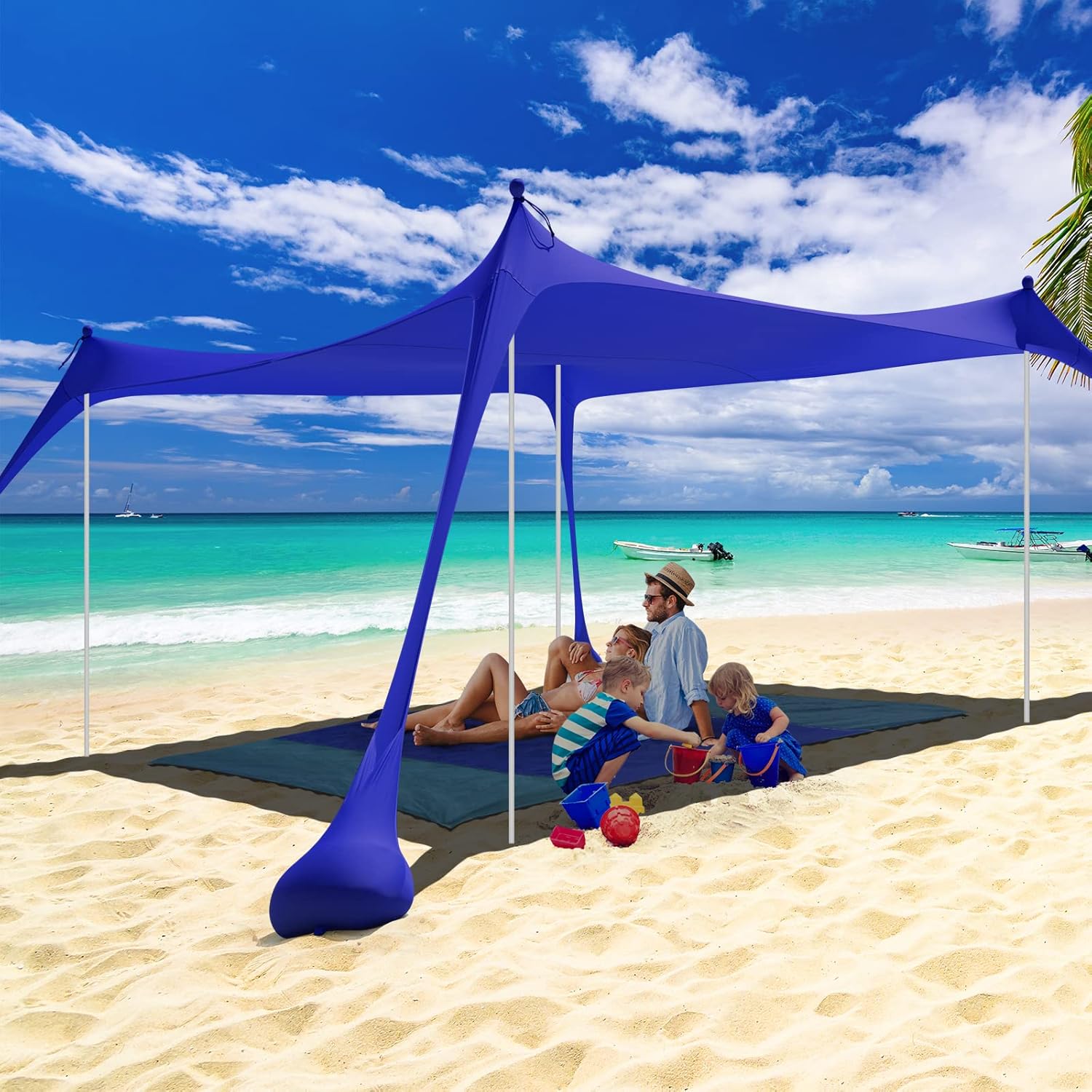 Family Beach Tent Sunshade UPF50+, 10x10 FT Pop Up Sun Shelter with Floor Mat, 4 Stability Poles, Carrying Bag, Sand Shovel, Portable Beach Shade Canopy for Camping Trips, Fishing, Picnics, Backyard