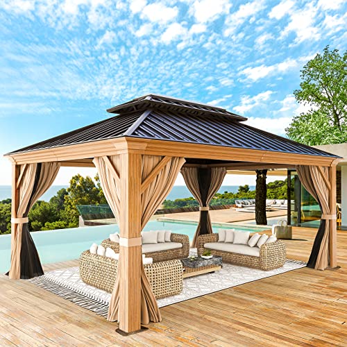 YOLENY 10' x 12' Hardtop Gazebo, Wood-Looking Gazebo with Galvanized Steel Double Roof, Aluminum Frame, Permanent Metal Pavilion with Netting and Curtains for Deck, Backyard, Patio and Lawns