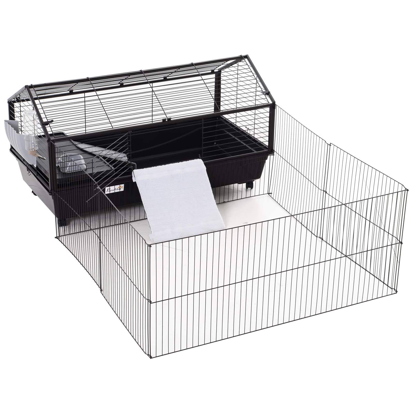 PawHut Rolling Metal Rabbit, Guinea Pig, or Small Animal Hutch Cage with Main House and Run, 47x22 L